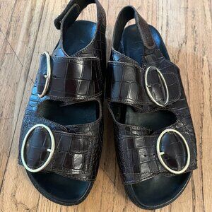 ASRA chunky sandals in brown croc embossed leather with gold hardware - size 9.5